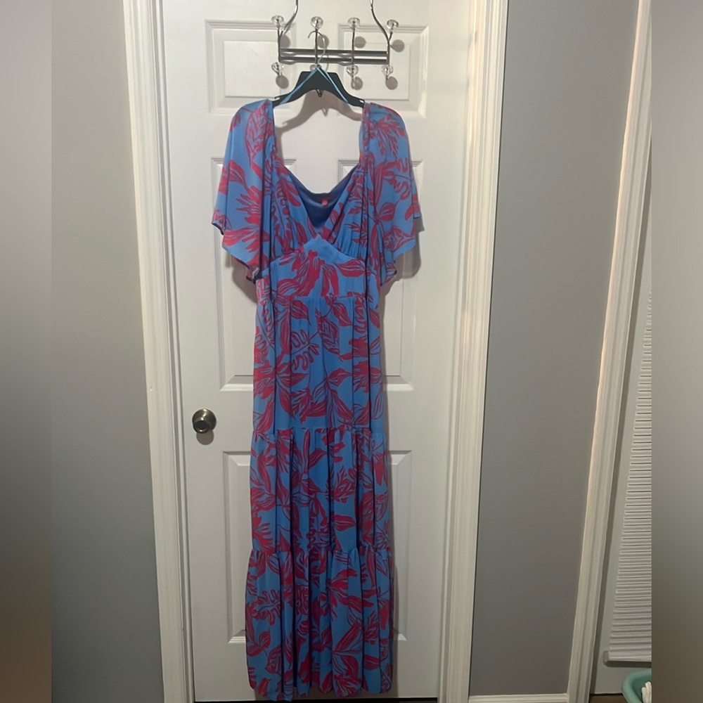 Flying Tomato Blue Maxi Dress with Pink Leaf Motif